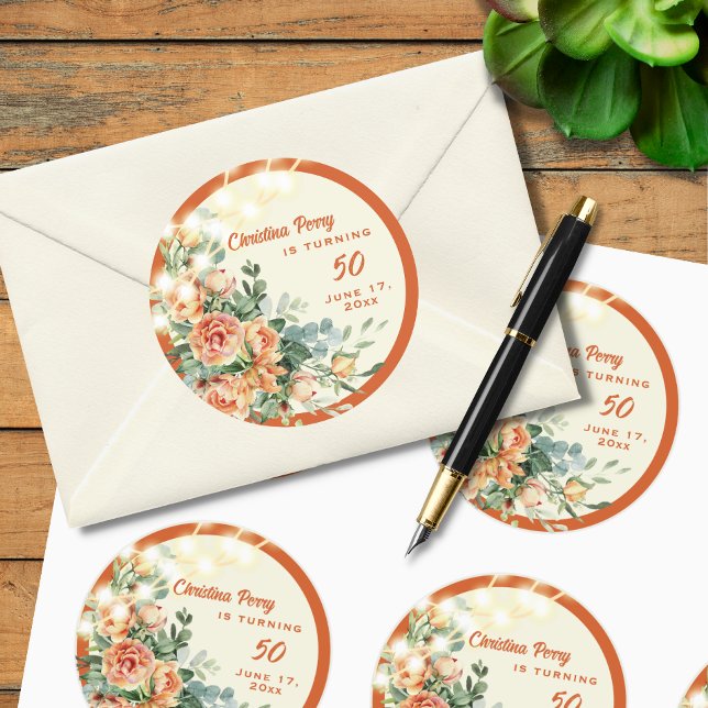 Adesivo Redondo Elegante Floral 50th Birthday Sticker (Criador carregado)