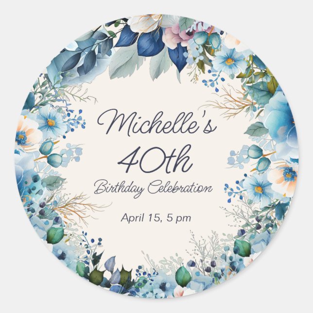 Adesivo Redondo Elegante Floral Azul e Branco Aniversário de 40 an (Frente)
