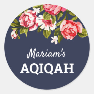Adesivo Redondo Elegante Floral Azul Meia-Noite Bebê Menina Aqiqah