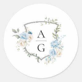 Adesivo Redondo Elegante Floral Azul Poeirento Monograma Crista de