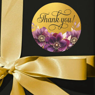 Adesivo Redondo Elegante Floral Black Script Obrigado Dourado Stic