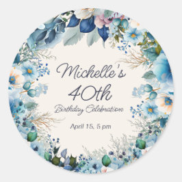 Adesivo Redondo Elegante Floral Branco Azul para Aniversário de 40