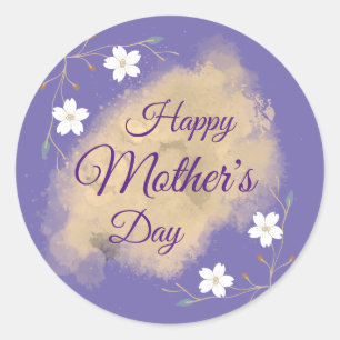 Adesivo Redondo Elegante floral branco roxo feliz dia das mães