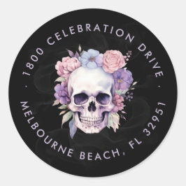 Adesivo Redondo Elegante Floral & Caveira Retorno Adress Gótico