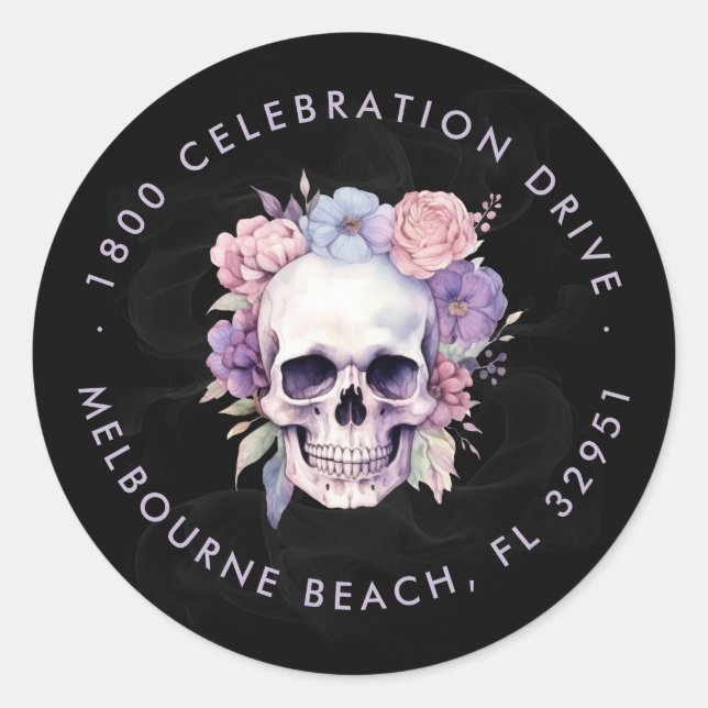 Adesivo Redondo Elegante Floral & Caveira Retorno Adress Gótico (Frente)