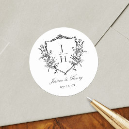 Adesivo Redondo Elegante Floral Crest Monograma Casamento Regência