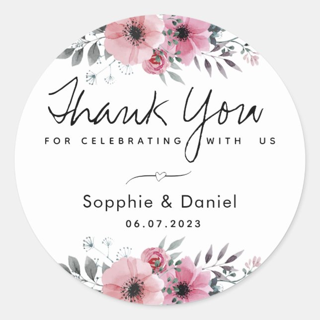 Adesivo Redondo Elegante Floral de Agradecimento em Aquarela Rosa (Frente)