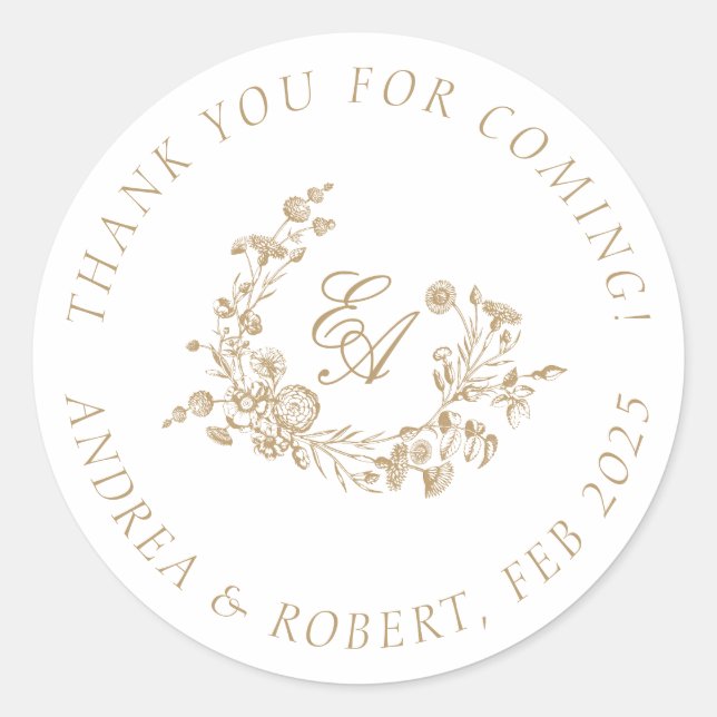 Adesivo Redondo Elegante Floral Dourado Obrigado por vir (Frente)