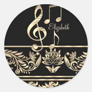Adesivo Redondo Elegante Floral Dourado, Tecla de Violino, Nota