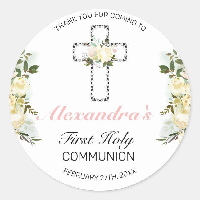 Adesivo Redondo Elegante Floral Silver Cross First Santa Comunhão (Frente)