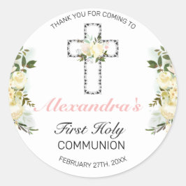 Adesivo Redondo Elegante Floral Silver Cross First Santa Comunhão