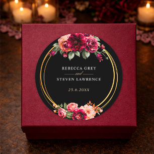 Adesivo Redondo Elegante floral vermelho preto sombrio Casamento r