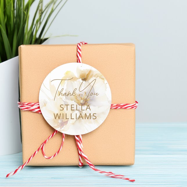 Adesivo Redondo Elegante Flores de Ouro Branco Obrigado (Elegant White Gold Flowers Thank You Classic Round Sticker)