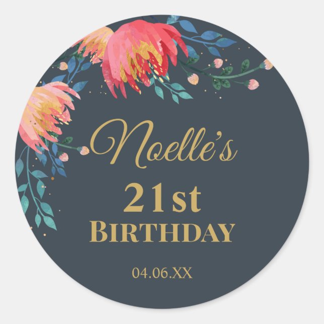 Adesivo Redondo Elegante, Flores Whimsical, Azul Escuro, Destaque  (Frente)