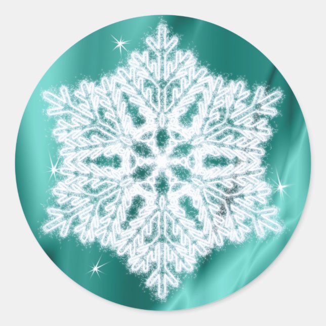 Adesivo Redondo Elegante Fluffy Snowflake Teal Green Faux Sparkles (Frente)