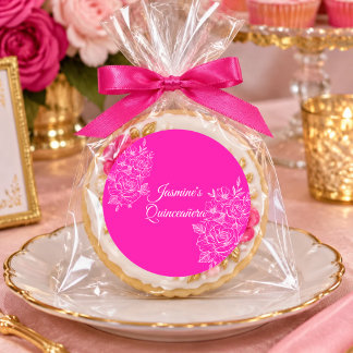 Adesivo Redondo Elegante Fuchsia Rosa e Branco Floral Quinceanera