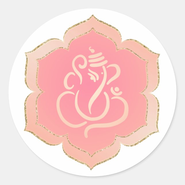Adesivo Redondo Elegante Ganesh/ Deus Indiano Dourado Rosa Clássic (Frente)