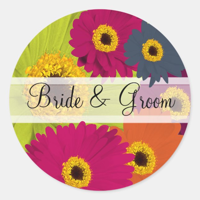Adesivo Redondo Elegante Gerber Daisy Wedding Stickers (Frente)