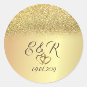 Adesivo Redondo Elegante Glitter Bokeh Dourado, Corações Casamento