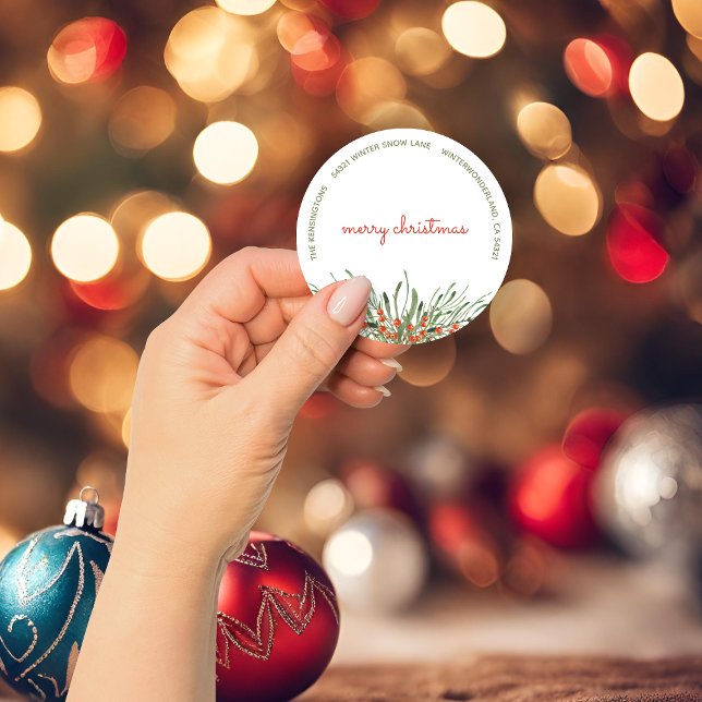 Adesivo Redondo Elegante Greenery Berries Feliz Natal (Elegant Greenery Berries Merry Christmas Classic Round Sticker)