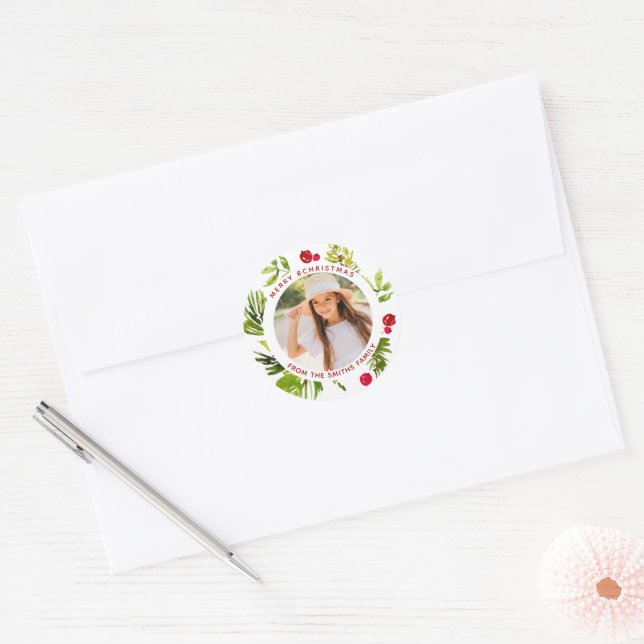 Adesivo Redondo Elegante Greenery Botanical Holiday Foto (Envelope)