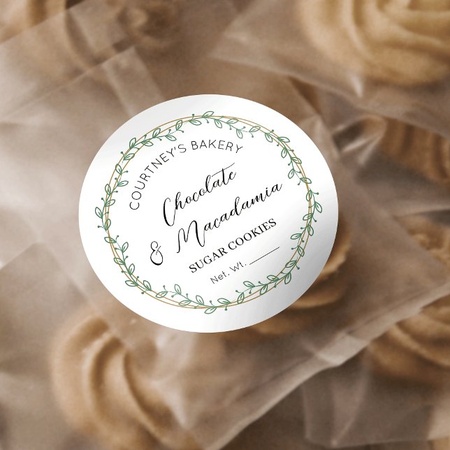 Adesivo Redondo Elegante Greenery Wreath Bakery Cupcakes Cookies (Stylish greenery wreath cookie stickers featuring modern calligraphy and minimal layout)