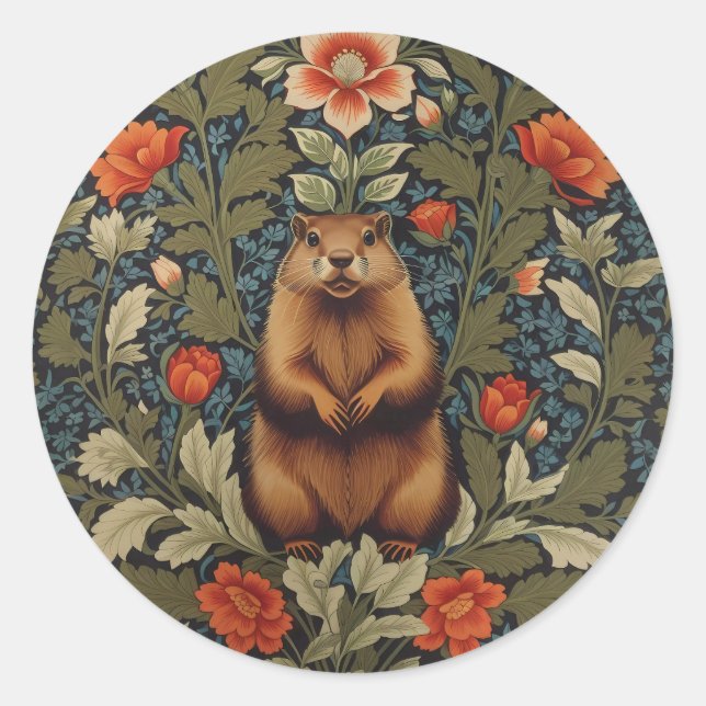 Adesivo Redondo Elegante Groundhog William Morris Inspirado (Frente)