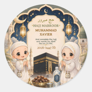 Adesivo Redondo Elegante Hajj Mabroor Arte Chibi Personalizado