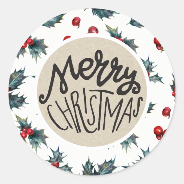 Adesivo Redondo Elegante Holly Berry Feriado Feriado, Favor Russo  (Frente)