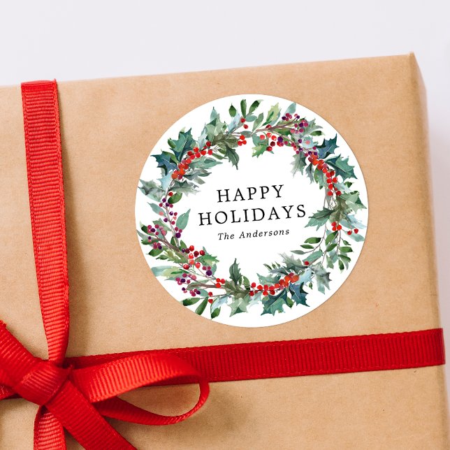 Adesivo Redondo Elegante Holly Berry Wreath (Criador carregado)