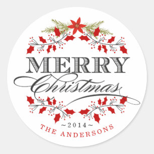 Adesivo Redondo Elegante Holly Christmas Wreath Red & White Sticke