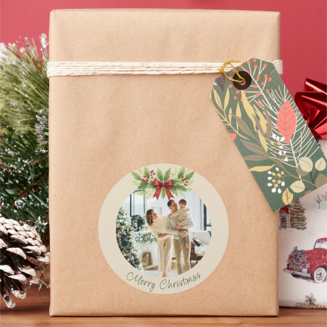 Adesivo Redondo Elegante Holly e Arco Vermelho Natal - (Feriado)