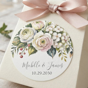 Adesivo Redondo Elegante Hortênsia Rosa Floral Casamento em aquare