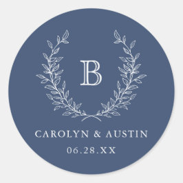 Adesivo Redondo Elegante Laurel Wreath Casamento Monograma Marinho