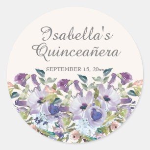 Adesivo Redondo Elegante Lilás Azul Floral Quinceañera Nome Data