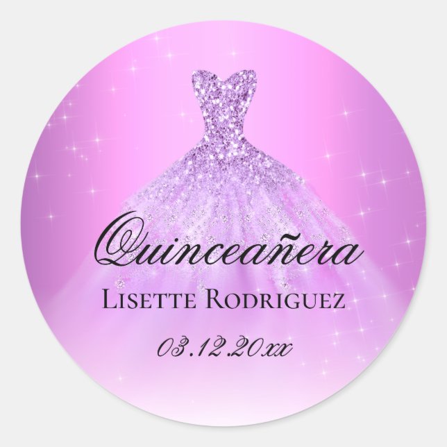 Adesivo Redondo Elegante Lilás Roxo Quinceanera Personalizado (Frente)