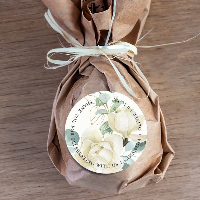 Adesivo Redondo Elegante Magnolia Eucalyptus Obrigado Casamento (Elegant Magnolia Eucalyptus Thank You Wedding Classic Round Sticker)