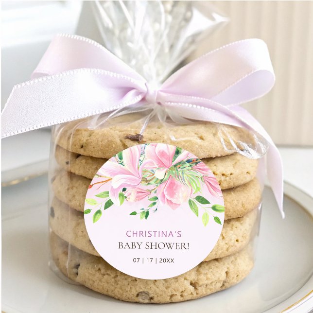 Adesivo Redondo Elegante Magnolia Rosa Chá de fraldas de Aquarela (Elegant Pink Magnolia Watercolor Baby Shower Classic Round Sticker)