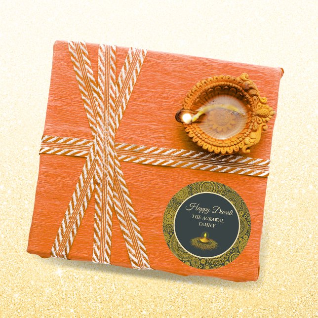 Adesivo Redondo Elegante mandala diyas hindu custom gold diwali (Criador carregado)