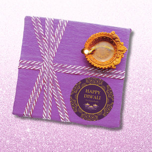 Adesivo Redondo Elegante mandala diyas hindu e púrpura diwali