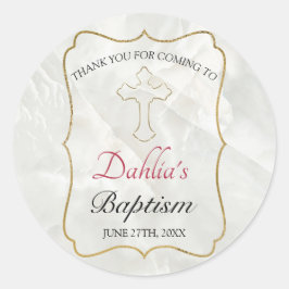 Adesivo Redondo Elegante Marble Dourado Baby Baptism Obrigado