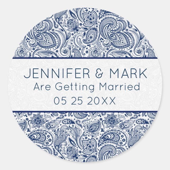 Adesivo Redondo Elegante Marinho Azul e Branco Paisley Lace (Frente)