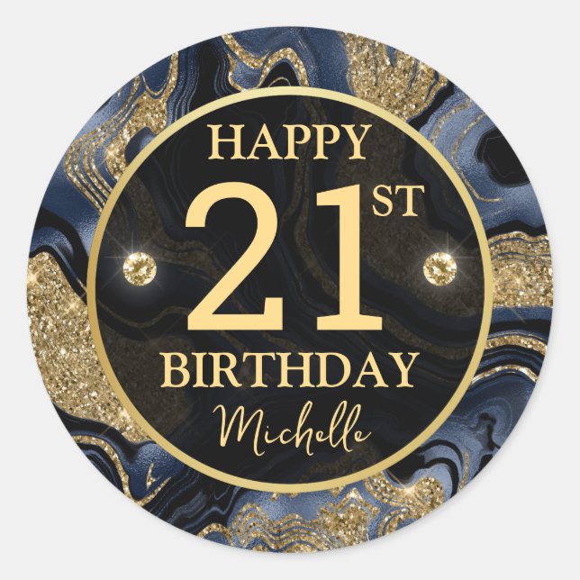 Adesivo Redondo Elegante Marinho Azul e Glitter Dourado Aniversári (Frente)