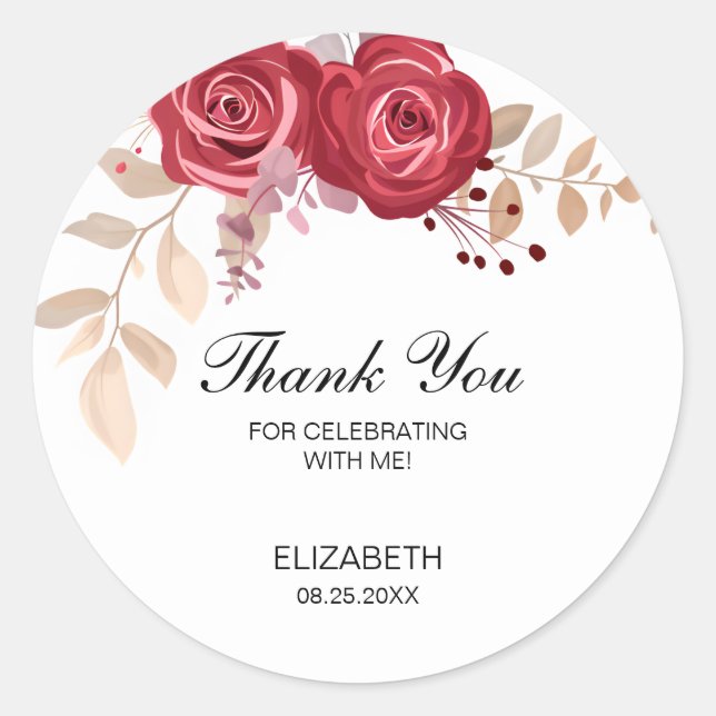 Adesivo Redondo Elegante Maroon Rosa Floral Greenery Aniversário (Frente)