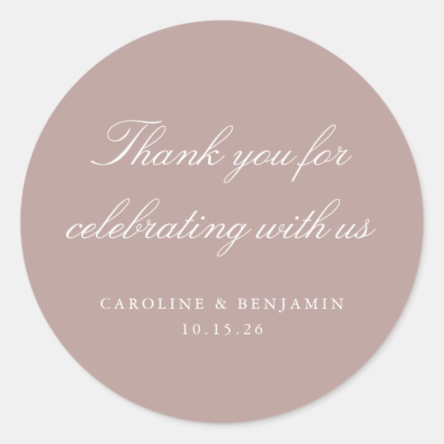 Adesivo Redondo Elegante Mauve Script Casamento Personalizado Obri (Frente)