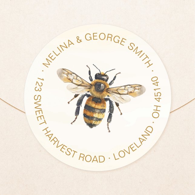 Adesivo Redondo Elegante Mel Bee de Aquarela Endereço de Devolução (Elegant watercolor honey bee round return address sticker. Honey bee address label.)