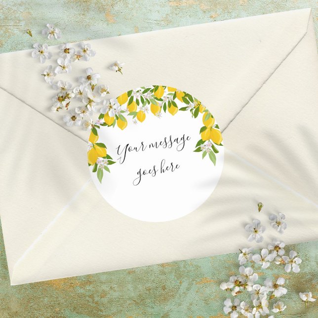 Adesivo Redondo Elegante Mensagem de Script Limões Flora Verde (Elegant Script Message Lemons Blossom Greenery Classic Round Sticker)