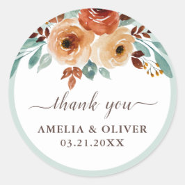 Adesivo Redondo Elegante Mint Green Floral Weding Obrigado