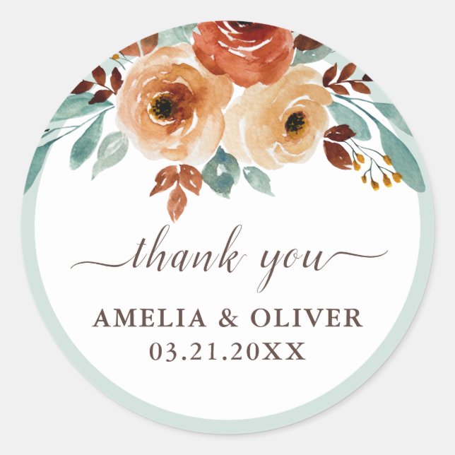 Adesivo Redondo Elegante Mint Green Floral Weding Obrigado (Frente)