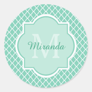 Adesivo Redondo Elegante Mint Green Quatrefoil Monograma Com Nome
